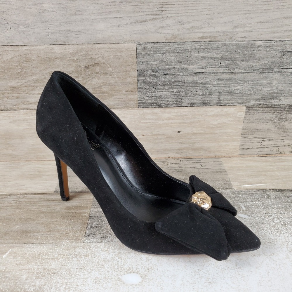 Vince Camuto Haylez Women Heeled Pump Sz 7.5 M Black Suede Bow Detail Pointy Toe